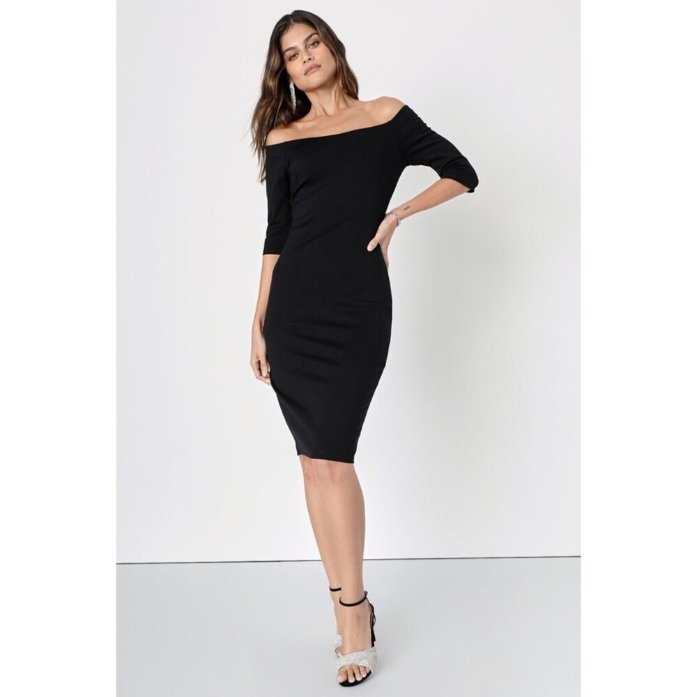 NWOT Lulus Girl Can't Help It Black Off-the-Shoulder Midi Dress XXS